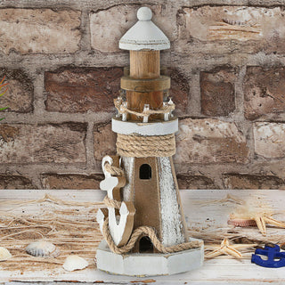 LED Leuchtturm maritim Kiefernholz Jute H25cm Naturtöne Antikfinisch Gartendeko Leuchtfeuer batteriebetrieben