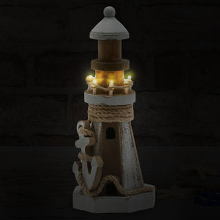 LED Leuchtturm maritim Kiefernholz Jute H25cm Naturtöne Antikfinisch Gartendeko Leuchtfeuer batteriebetrieben