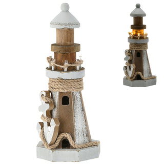 LED Leuchtturm maritim Kiefernholz Jute H25cm Naturtöne Antikfinisch Gartendeko Leuchtfeuer batteriebetrieben