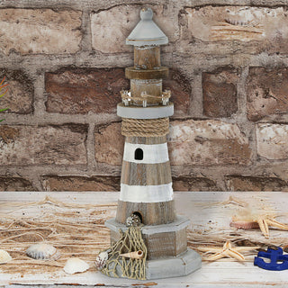 LED Leuchtturm maritim Kiefernholz Jute H29cm Naturtöne Antikfinisch Gartendeko Leuchtfeuer batteriebetrieben