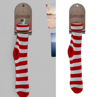 Sparstrumpf rot,weiß gestreift 8x43cm Geldstrumpf Socke Strumpf Sparen Halterung Holz