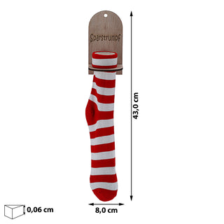 Sparstrumpf rot,weiß gestreift 8x43cm Geldstrumpf Socke Strumpf Sparen Halterung Holz