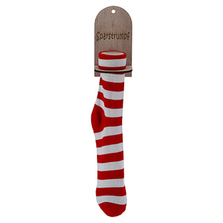 Sparstrumpf rot,weiß gestreift 8x43cm Geldstrumpf Socke Strumpf Sparen Halterung Holz