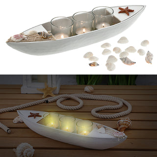Teelichthalter40x10x8cm Boot weiß 3 Gläser für Teelichter Muscheln Fischernetz Fischerboot Holzboot