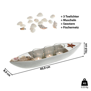 Teelichthalter40x10x8cm Boot weiß 3 Gläser für Teelichter Muscheln Fischernetz Fischerboot Holzboot