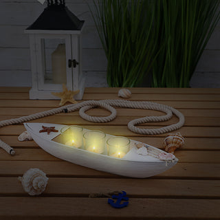 Teelichthalter40x10x8cm Boot weiß 3 Gläser für Teelichter Muscheln Fischernetz Fischerboot Holzboot