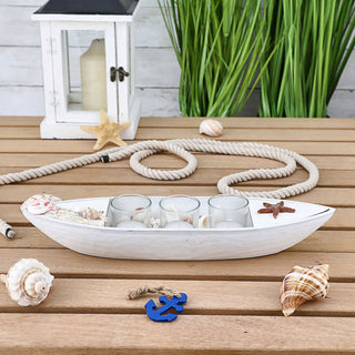 Teelichthalter40x10x8cm Boot weiß 3 Gläser für Teelichter Muscheln Fischernetz Fischerboot Holzboot