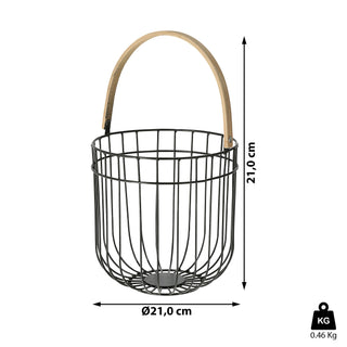 Metallkorb mit Holzhenkel Eisen 21x21x21cm Korb Aufbewahrungskorb Drahtkorb schwarz natur