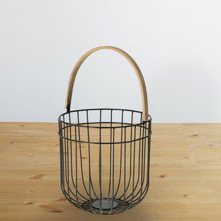 Metallkorb mit Holzhenkel Eisen 21x21x21cm Korb Aufbewahrungskorb Drahtkorb schwarz natur