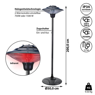 Heizstrahler elektrisch mit Standfuß Terrassenheizstrahler mit Halogenröhre Ø 50 cm Höhe 200 cm 2 Heizstufen 750/1500W