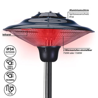Heizstrahler elektrisch mit Standfuß Terrassenheizstrahler mit Halogenröhre Ø 50 cm Höhe 200 cm 2 Heizstufen 750/1500W