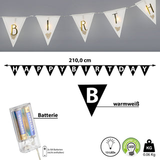 Lichterkette "Happy Birthday" Flaggen Aufdruck L210cm 13 Fahnen LED warmweiß batteriebetrieben Beleuchtung