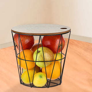 Metallkorb weiß / schwarz mit Holzdeckel H21cm Drahtkorb Korb Aufbewahrung Drahtgestell