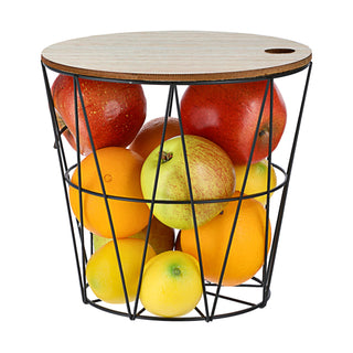 Metallkorb weiß / schwarz mit Holzdeckel H21cm Drahtkorb Korb Aufbewahrung Drahtgestell