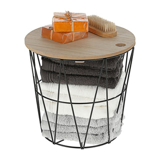 Metallkorb weiß / schwarz mit Holzdeckel H21cm Drahtkorb Korb Aufbewahrung Drahtgestell