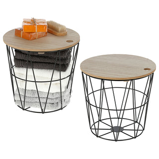 Metallkorb weiß / schwarz mit Holzdeckel H21cm Drahtkorb Korb Aufbewahrung Drahtgestell