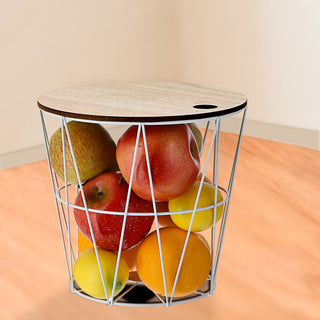 Metallkorb weiß / schwarz mit Holzdeckel H21cm Drahtkorb Korb Aufbewahrung Drahtgestell