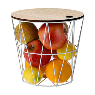 Metallkorb weiß / schwarz mit Holzdeckel H21cm Drahtkorb Korb Aufbewahrung Drahtgestell