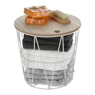 Metallkorb weiß / schwarz mit Holzdeckel H21cm Drahtkorb Korb Aufbewahrung Drahtgestell