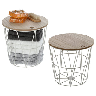 Metallkorb weiß / schwarz mit Holzdeckel H21cm Drahtkorb Korb Aufbewahrung Drahtgestell