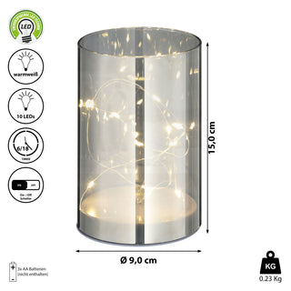 LED Lichterglas 9x15cm Lichterkette Timerfunktion Kupferdrahtkette warmweiß Glas Kunststoff 10 Led's Leuchtglas