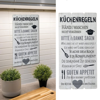 Plankenschild Küchenregeln Wandbild weiß Shabby Chic Sprüche Verhaltensregeln Küche Regeln