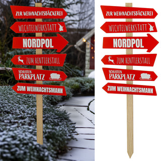 Schild Wegweiser Weihnachten H76cm MDF naturfarben rot 6 Planken beschriftet Dekoschild Gartenstecker