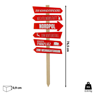 Schild Wegweiser Weihnachten H76cm MDF naturfarben rot 6 Planken beschriftet Dekoschild Gartenstecker
