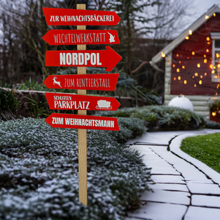 Schild Wegweiser Weihnachten H76cm MDF naturfarben rot 6 Planken beschriftet Dekoschild Gartenstecker