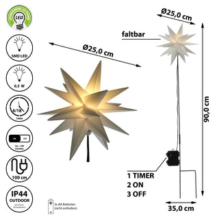 LED Gartenstecker 3D Stern faltbar Ø25cmxH90cm weiß/rot Outdoorbeleuchtung Timerfunktion Weihnachtsbleuchtung Zackenstern