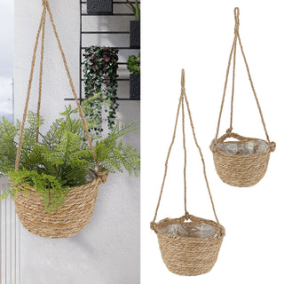 2x Pflanzkorb zum Aufhängen S:Ø22x15cm; M:Ø25x18cm Kunstofffolien-Inlay Korbset Rohrkolbengras Hängekorb Korb