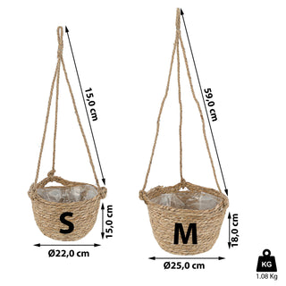 2x Pflanzkorb zum Aufhängen S:Ø22x15cm; M:Ø25x18cm Kunstofffolien-Inlay Korbset Rohrkolbengras Hängekorb Korb