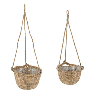 2x Pflanzkorb zum Aufhängen S:Ø22x15cm; M:Ø25x18cm Kunstofffolien-Inlay Korbset Rohrkolbengras Hängekorb Korb