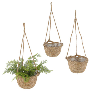 2x Pflanzkorb zum Aufhängen S:Ø22x15cm; M:Ø25x18cm Kunstofffolien-Inlay Korbset Rohrkolbengras Hängekorb Korb