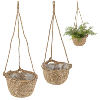 2x Pflanzkorb zum Aufhängen S:Ø22x15cm; M:Ø25x18cm Kunstofffolien-Inlay Korbset Rohrkolbengras Hängekorb Korb