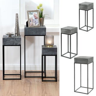 Pflanztisch Beistelltisch 3er-Set Steinoptik 3 Größen H70/58/46 Metall MDF Tisch-Set quadratisch Blumentreppe