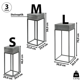 Pflanztisch Beistelltisch 3er-Set Steinoptik 3 Größen H70/58/46 Metall MDF Tisch-Set quadratisch Blumentreppe