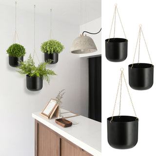Pflanztopf Hänger 3er Set in drei Größen schwarz Kunststoff Metall Übertopf Hängetopf Blumentopf Pflanzgefäß