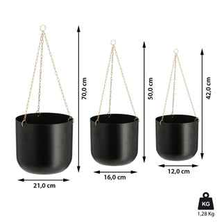 Pflanztopf Hänger 3er Set in drei Größen schwarz Kunststoff Metall Übertopf Hängetopf Blumentopf Pflanzgefäß