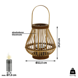 Laterne Rattan Henkel bauchig Glaseinsatz Kerzen Teelichter H:24/27cm Laterne Kerzentständer Dekoleuchte