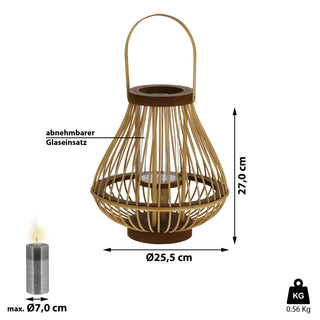 Laterne Rattan Henkel bauchig Glaseinsatz Kerzen Teelichter H:24/27cm Laterne Kerzentständer Dekoleuchte