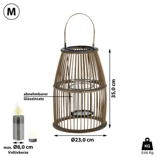 Laterne Rattan Henkel Kegelform Glaseinsatz Kerzen Teelichter H:25/35cm Laterne Kerzentständer Dekoleuchte