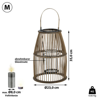 Laterne Rattan Henkel Kegelform Glaseinsatz Kerzen Teelichter H:25/35cm Laterne Kerzentständer Dekoleuchte