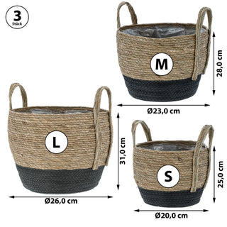Pflanzkorb 3er Set Rohrkolbengras S:20x25x20cm; M23x28x23cm; L:26x31x26cm Kunstofffolien-Inlay Übertopf Körbe Korbset Pflanztopf