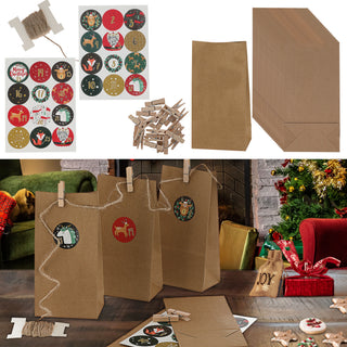 Adventskalender DIY Bastelset 12x24x6cm Papiertüten Zahlensticker Schnur Klammern Geschenktüten Tüten