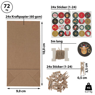 Adventskalender DIY Bastelset 12x24x6cm Papiertüten Zahlensticker Schnur Klammern Geschenktüten Tüten
