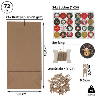 Adventskalender DIY Bastelset 12x24x6cm Papiertüten Zahlensticker Schnur Klammern Geschenktüten Tüten