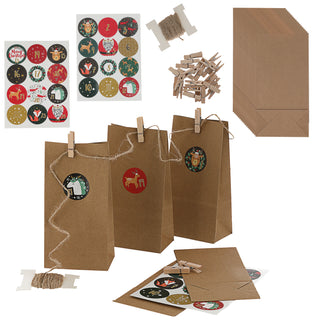 Adventskalender DIY Bastelset 12x24x6cm Papiertüten Zahlensticker Schnur Klammern Geschenktüten Tüten