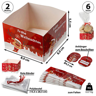 Gebäcktüten 6er Set 2 Motive Pralinenschachtel Geschenkverpackung Pappschachtel Tüte Geschenkanhänger Geschenkband