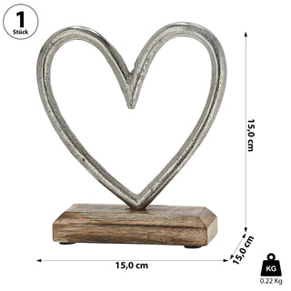 Herz auf Sockel 15x15x5cm Mangoholz Aluminium Dekoaufsteller Tischdeko Aufsteller Dekoherz Skulptur